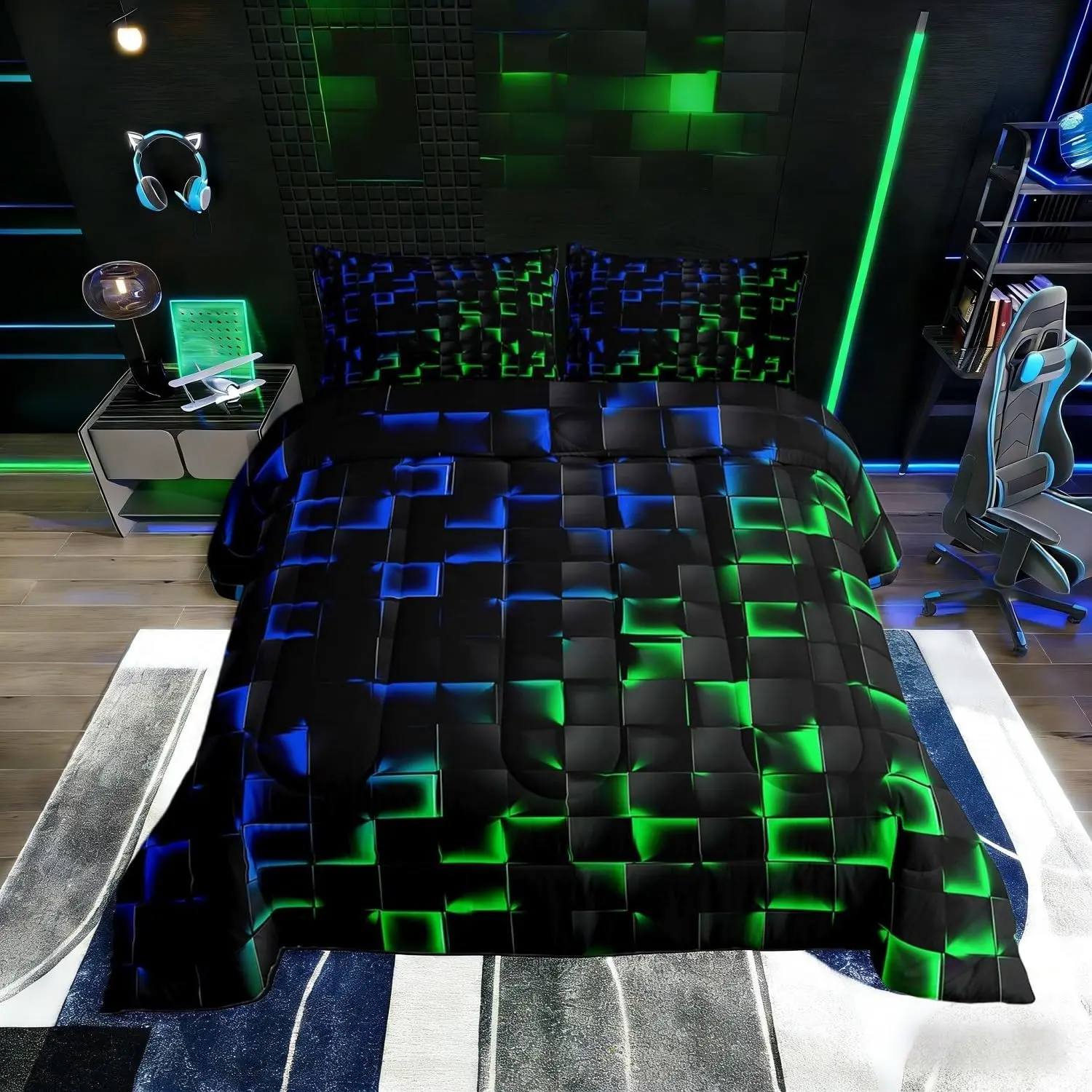 Geometric Checkered Comforter Set Neon Blue Green Bedding Set Gamer Room Decor,Abstract Ombre Plaid Comforter Grids Quilt Duvet Black
