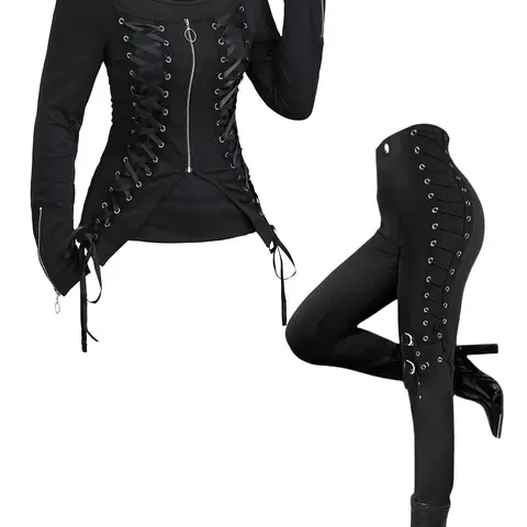 DRESSLILY 2026 Gothic Women Outfit Lace Up Zip Square Neck Top and Grommet Pants Set Autumn Matching Outfits