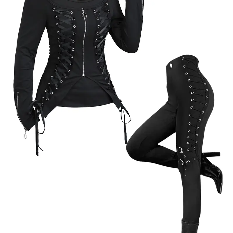 DRESSLILY 2026 Gothic Women Outfit Lace Up Zip Square Neck Top and Grommet Pants Set Autumn Matching Outfits