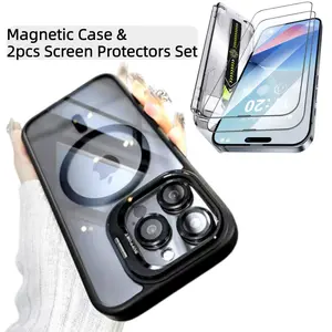 PuyaTeya iPhone 3-Piece Protection Set, Magnetic Clear Case with Camera Kickstand, Lens Protection, and 2-Pack Screen Protectors