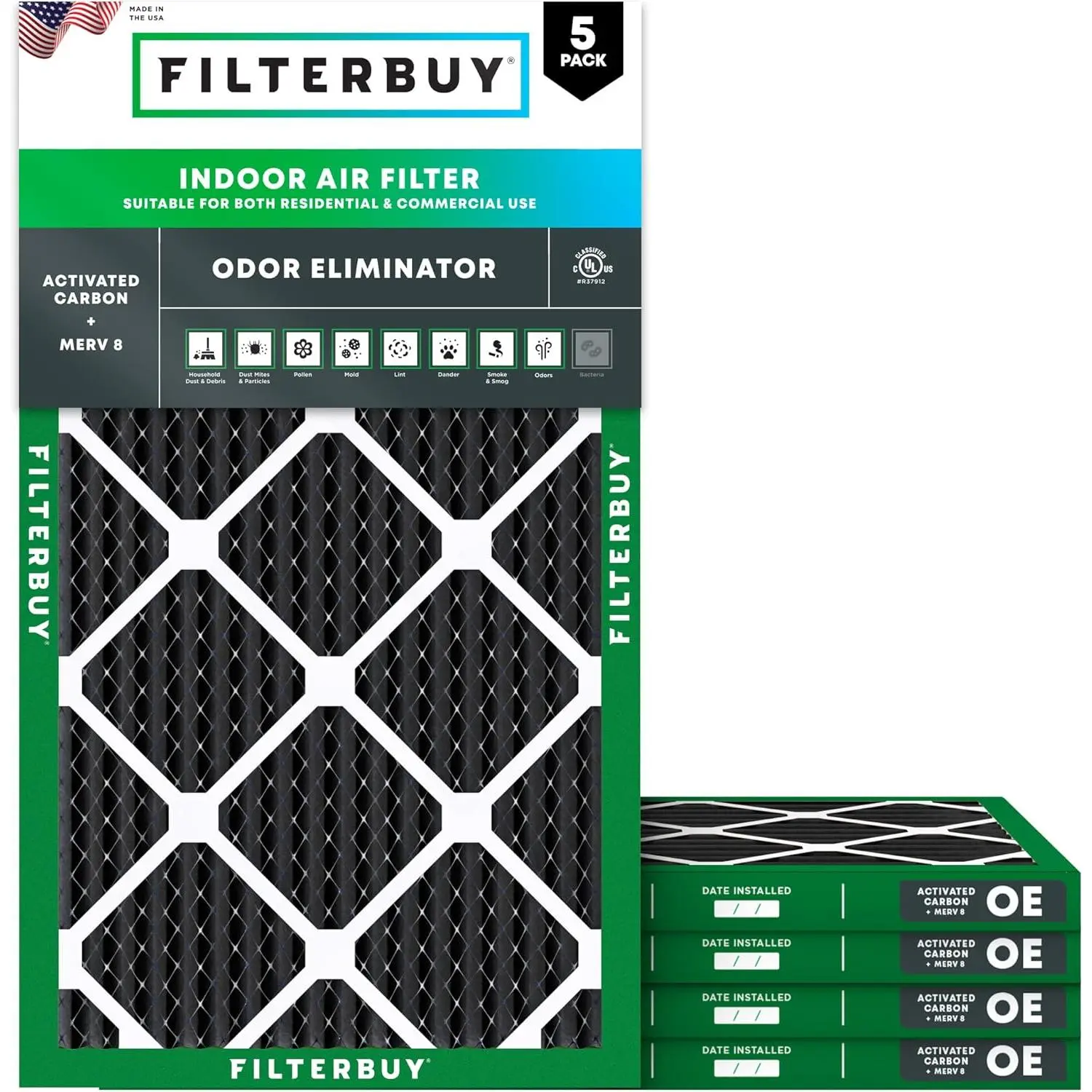Filterbuy 16x25x1 In Air Filter (5-Pack) - Pleated MERV 8 Odor Eliminator with Electrostatic Charge for HVAC AC Furnace (Actual Size: 15.5x24.5x0.75 In, 15.5x24.5")