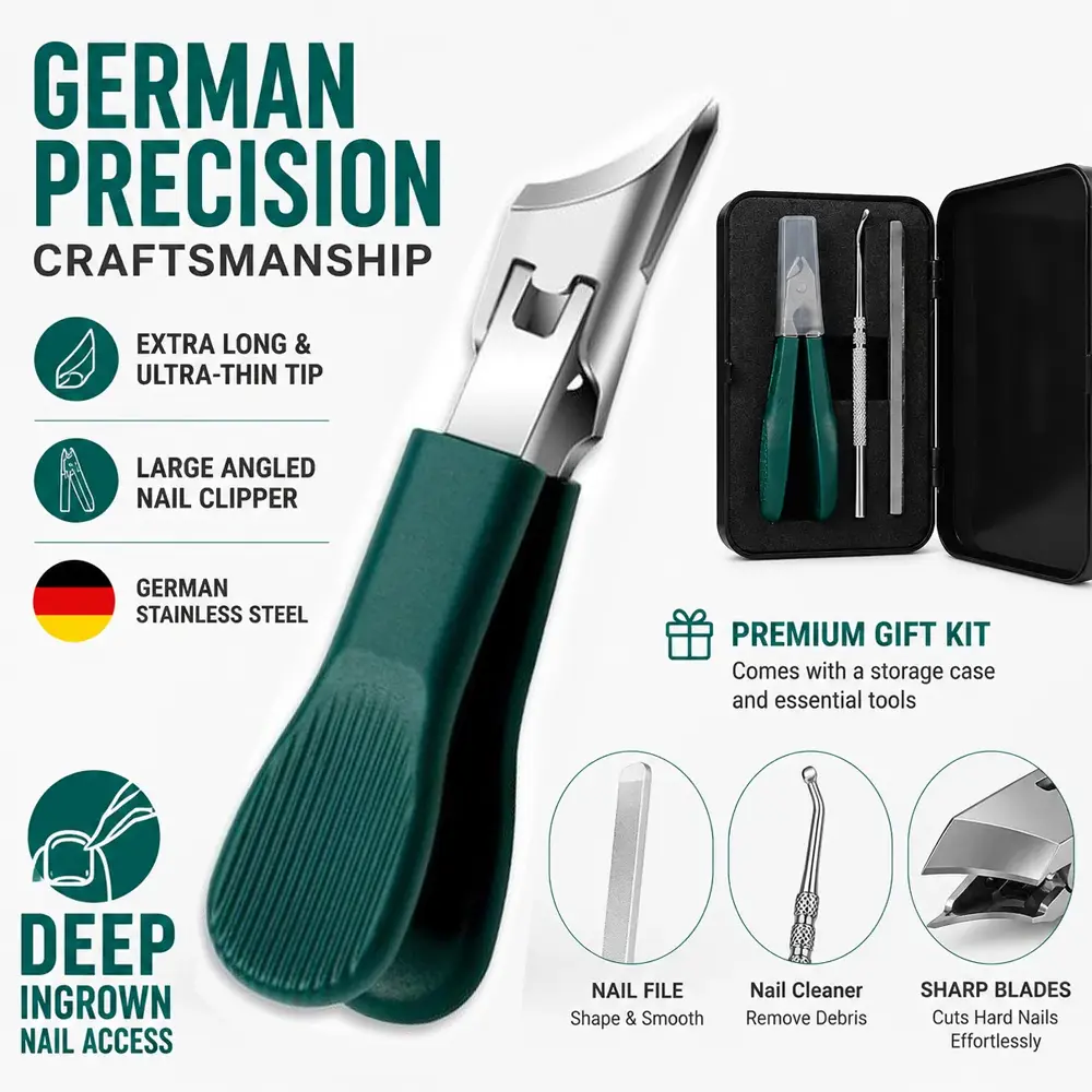 Eagle Beak Beveled Nail Clippers,3-Piece Sets of Eagle Beak Beveled Nails Clippers, Long Handle Wide Jaw Opening Anti-Splash Slanted Nail Clipper for Thick Nails, Seniors&Ingrown Care (Green)