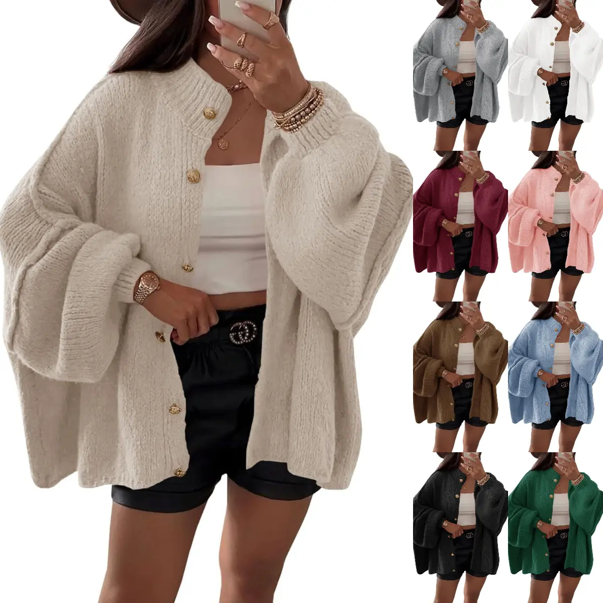 FMEYOA Womens Oversized Cardigans Long Lantern Sleeve Button Down Chunky Knit Loose Fall Sweater Coats
