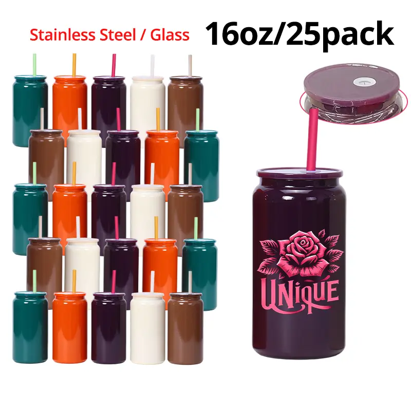 25-Pack 16oz Can-Shaped Sublimation Tumbler Cups - Glossy Glass/Stainless Steel Autumn Colored Reusable Washable Water Bottles, Portable Drinkware with Colored PP Lids & Straws