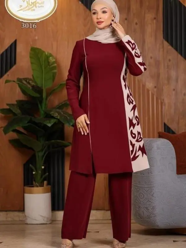 2in1 Modest Cooperates - Elegant Maroon Tunic with Floral Print and Matching Pants for Women