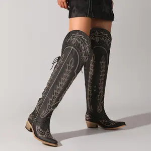 【Rodeo Boots】Pasuvo Women's Over-the-Knee Embroidered Western Cowboy Boots - Black Leather, Classic Stitching, Pointed Toe, Stacked Heel, Bold Fashion Statement for Festivals, Night Out, and Country Style