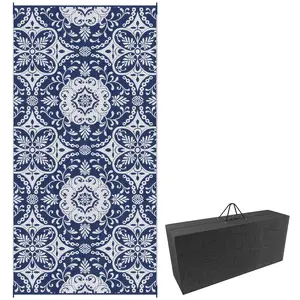 Outdoor Rug for Patio, 9' x 18' Waterproof Large Mat, Reversible Plastic Straw Rug for Decor, Portable Outside RV Camping Area Carpet Mat for Backyard Porch Deck Picnic, Blue & White Floral