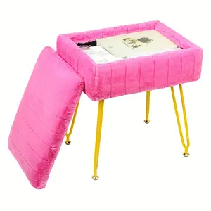 Vanity Stool Chair with Storage, Multifunctional Footstool - Comfortable, Stylish And Practical for Home And OfficeOttoman Faux Fur Soft Padded Makeup Footstools Seat with 4 Metal Legs Anti-Slip Adjustable Feet