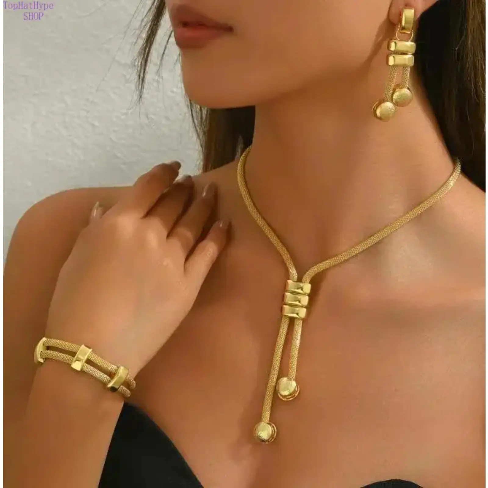 18K Electroplated Jewelry Set, Double Layer Necklace, Geometric Tassel Earrings & Woven Chain Bracelet, Anti-Allergy Non-Fading Design, Elegant Women’s Matching Accessories, Chic Fashion Gift for Daily, Party & Casual Wear