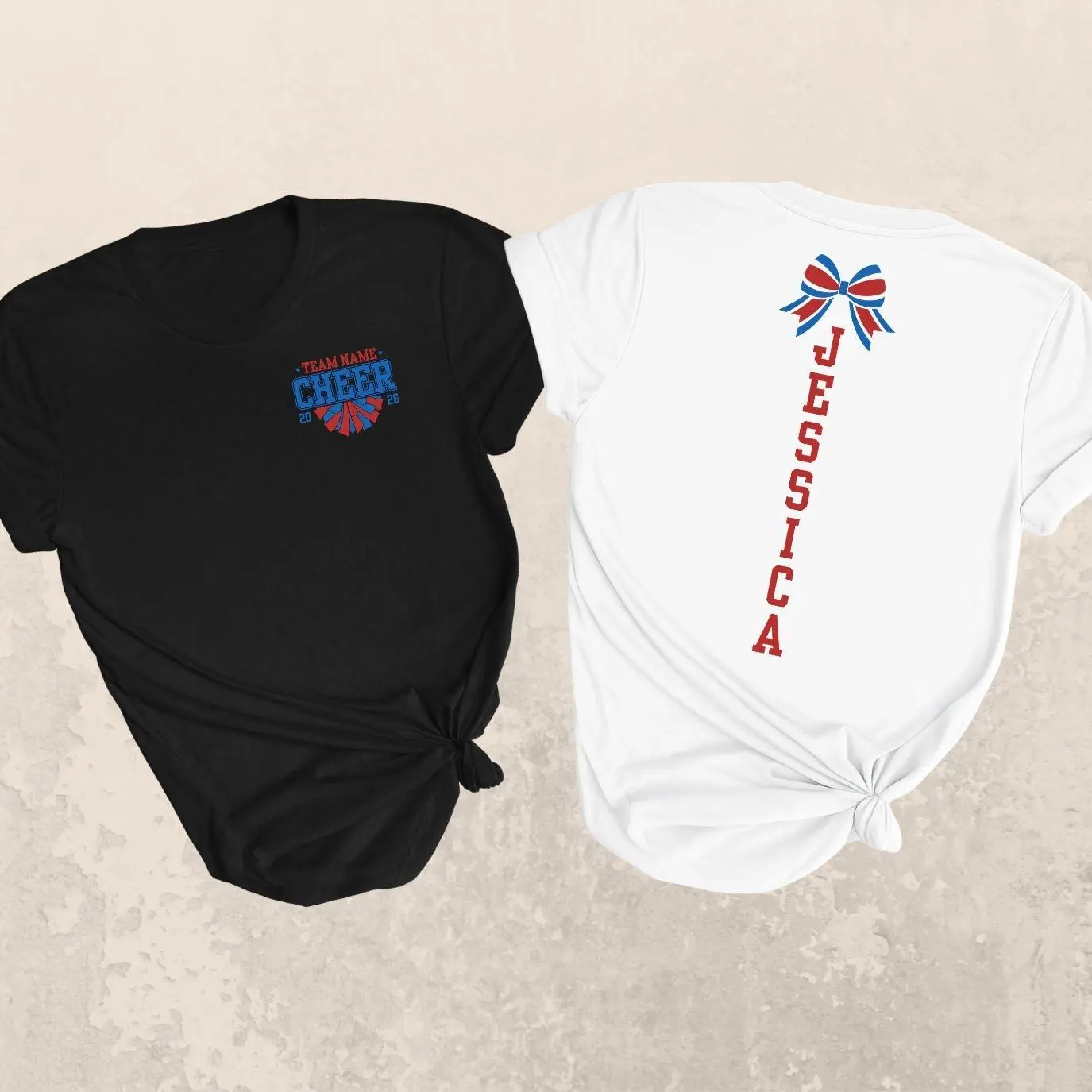 Custom personalized cheerleading t-shirt with team name and pom pom design, comfortable spirit wear tee for school athletes, back print name and bow tshirt for girls and women, soft cotton blend shirt for game day competitions