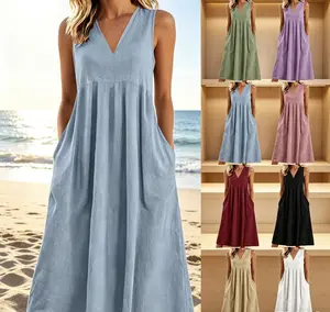 Women's 2026 Summer Sleeveless Minimalist V-Neck Loose A-Line Midi Dress, Comfortable Cotton Pull-On Fabric, Breathable Slimming Casual Wear with Pockets, Beach Vacation Basic Light Blue #TikTokFinds