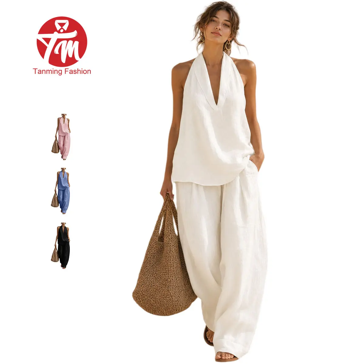 Tanming Women's 2-Piece Set, Soft Cotton Linen Halter Top & Wide-Leg Palazzo Pants with Pockets, Boho Summer Vacation Lounge Outfit for Cruises, Lightweight, Fabric, Women's Matching Sets, Clothes For Women