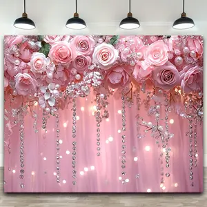 Pink hanging flower wall photography background cloth, made of polyester material, suitable for photo booths, parties, birthdays, celebrations, as well as indoor and outdoor home birthday party decoration, home decoration, room decoration, wall decoration