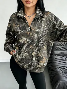 Women's Street Vintage Camo Full Print Loose Zipper Long Sleeves Sweatshirt, Casual Fall & Winter Clothing, Reunion School Wear, Teacher, Camouflage
