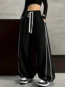 Ladies Contrast Drawstring Cotton Casual Pants, High Waist Straight Leg Side Stripe Pocket Wide Leg Sweatpants, Spliced Lazy Style Spring Pants for Dance Sports Streetwear