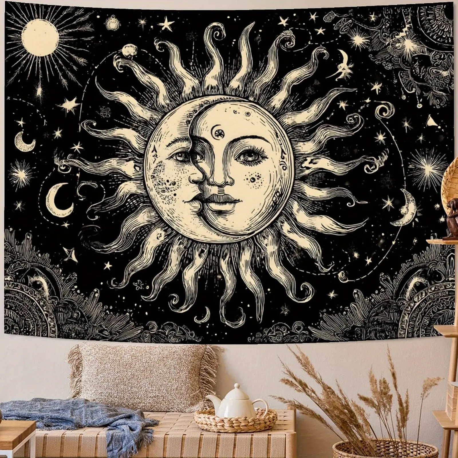A Trippy Decorative Tapestry Featuring The Sun And Mandala Skull Printed, a Vintage Wall Hanging Hippie Decor Designed for Ceiling Decoration in Bedrooms, Suitable for Wall Decor in Both Bedrooms And Living Rooms