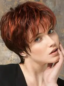 Pixie Cut Wig with Bangs for Women, Red Brown Pixie Cut Wig, Short Straight Wig, Layered Heat Resistant Short Rust Red Pixie Cut Wigs with Bangs for White Women for Daily Use, Synthetic Hair, Synthetic Natural Looking