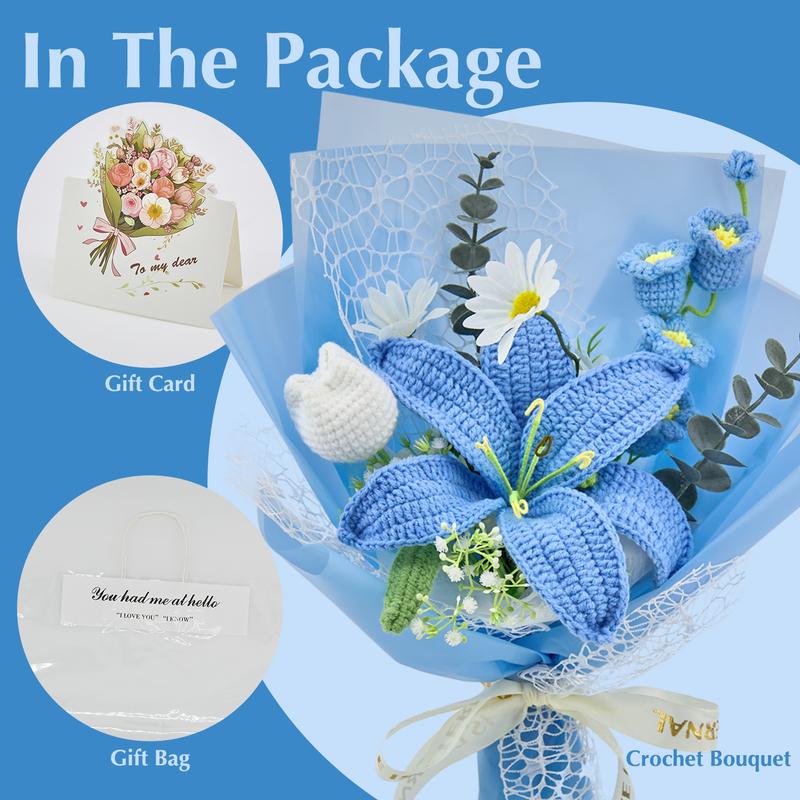 Handmade Crochet Lily Daisy Lily of Valley Bouquet Elegant Multi-color Decor Gift for Birthday Anniversary Graduation Mothers Day Valentines Day Greeting Card Included Birth Month Flowers