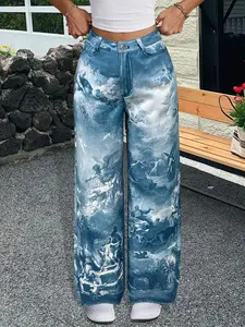Women's Denim-effect Print Trousers, Casual Comfy Pants for Daily Wear, Ladies Bottoms for All Seasons, Womenswear