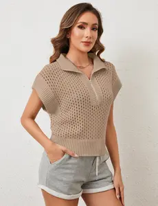 Women Summer Oversized Hollow Out Casual Sweater Vest Half Zip Lapel Cap Sleeve Crochet See Through Loose Knit Tops