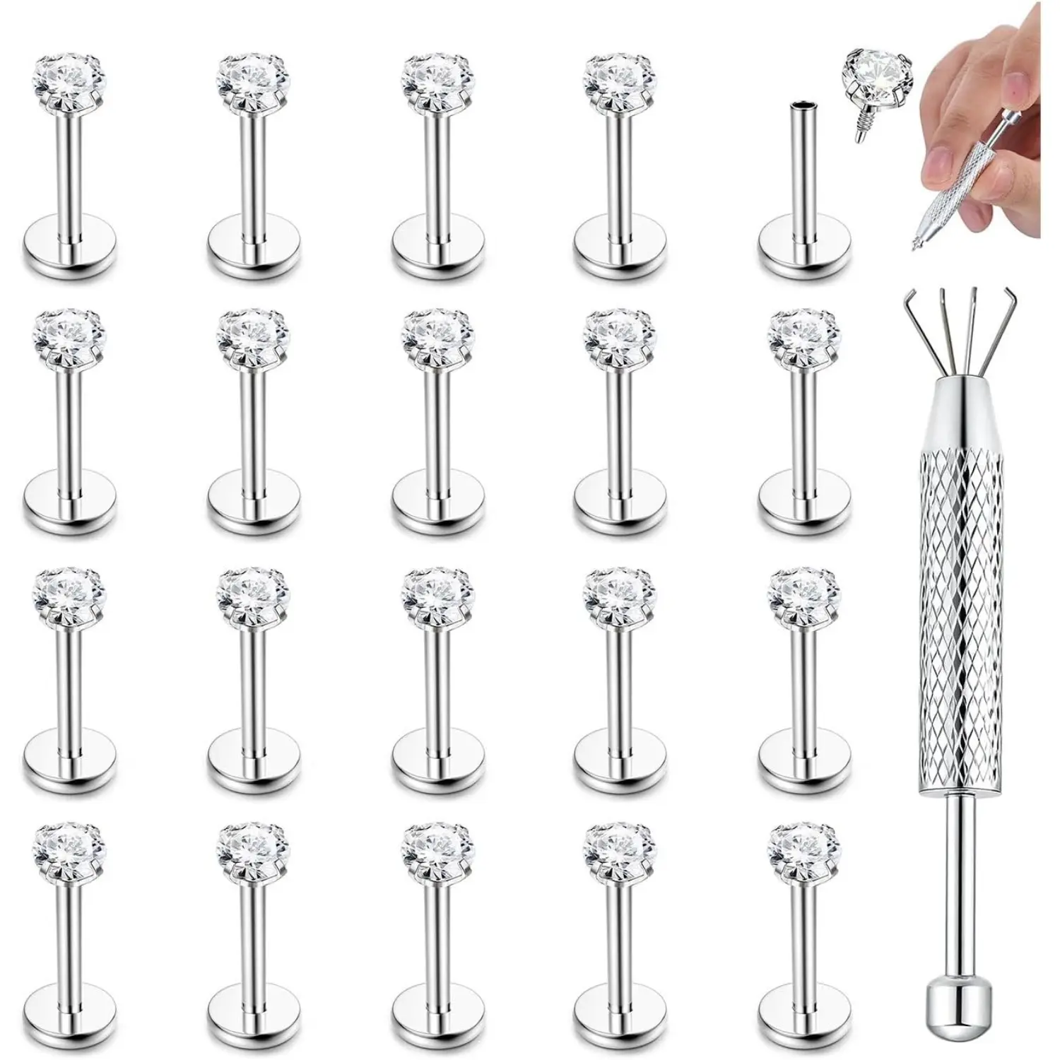 YADOCA 20Pcs 316L Surgical Steel Studs - 16G, 3MM Cubic Zirconia Ball, 6/8/10mm Silver/Gold Body Jewelry for Nose Piercings, Tragus, Helix (Labret Studs Replacement)