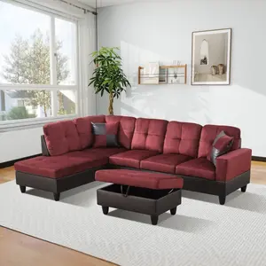 Red Flannel And PVC 3-Piece Couch Living Room Sofa Set