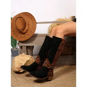 Women's Winter Fashion Patchwork Long Boots Leopard Print Side Zipper Casual Mid-Calf Boots, Perfect for Daily Wear