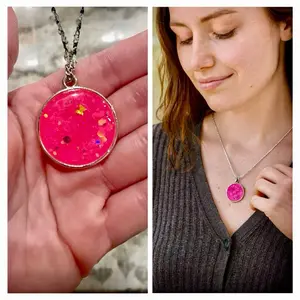 Handmade Resin Circle Necklace with Custom Dainty Pendant Personalized Gift for Her Boho Minimalist Jewelry in Vibrant Pink