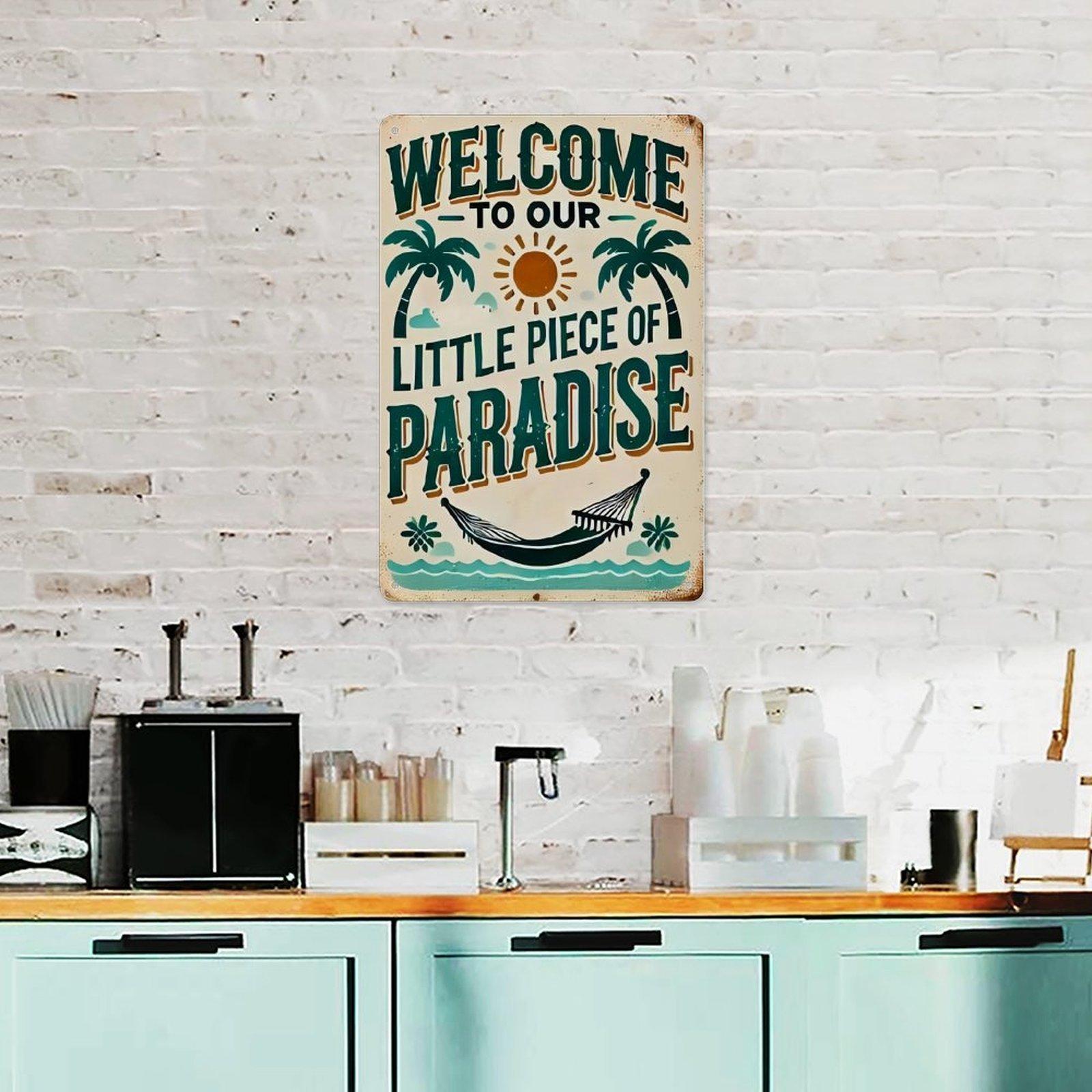 Welcome to Our Little Piece of Paradise Metal Sign, 8x12 Inch Vintage Tropical Beach Aluminum Tin Sign, Rustic Palm Tree Summer Welcome Wall Art Decor with Pre-drilled Holes for Beach House Pool Porch Patio Home Decor