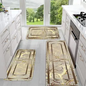 JIT 1/2/3 pcs of gold-striped jacquard flannel marble-patterned carpet suitable for multiple uses as decorative floor covering. Kitchen carpet set, flannel washable bedside soft carpet, suitable for use in kitchens, bedrooms, etc. Soft Area Rug