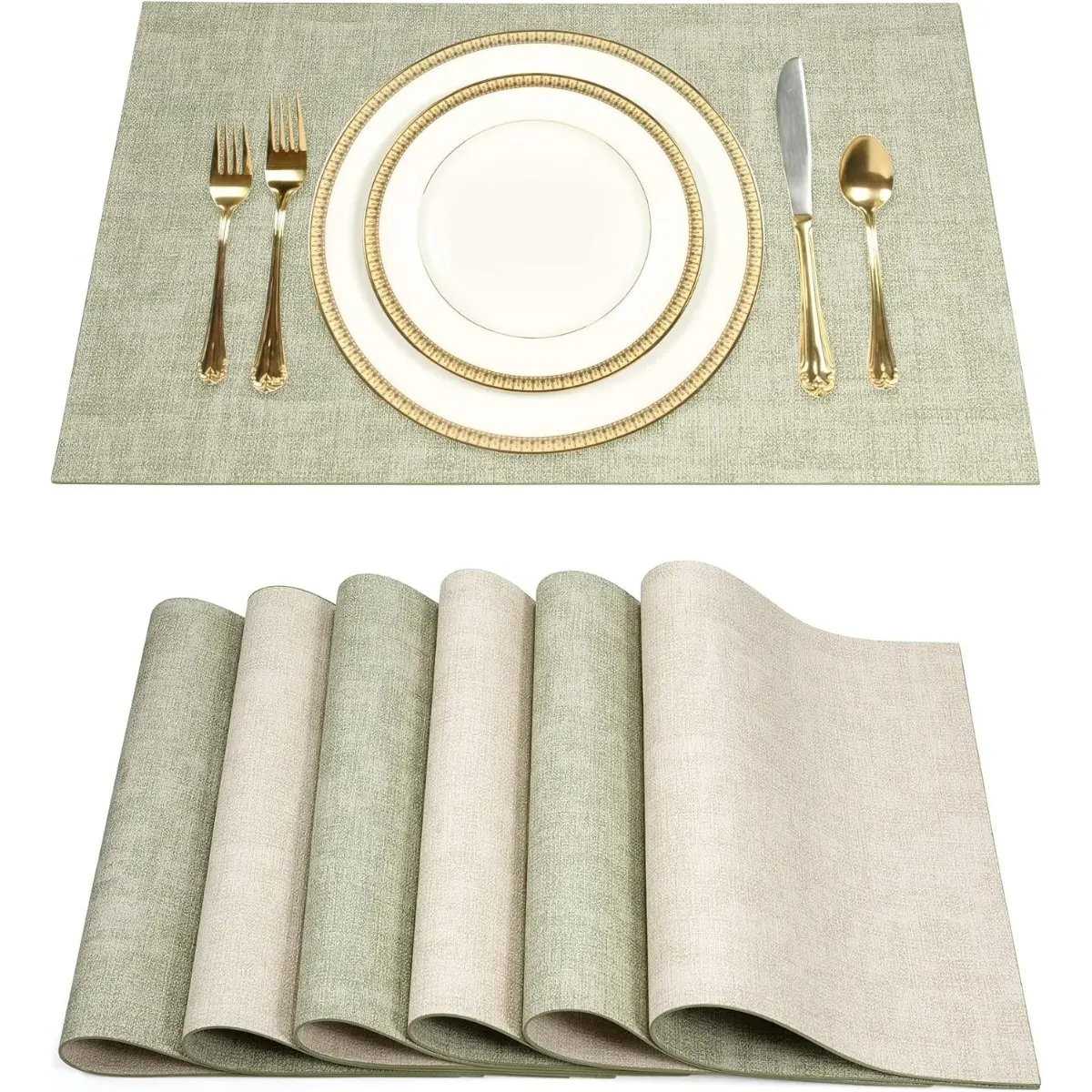 6-Piece Aesthetic Classic Leather Rectangle Placemats - 2-Tone Solid, 16.9" x 12.2", Reversible, Heat-Resistant, Waterproof, No-Slip, Foldable, Insulated, Washable Kitchen Tableware for Indoor Dining & Everyday Meals