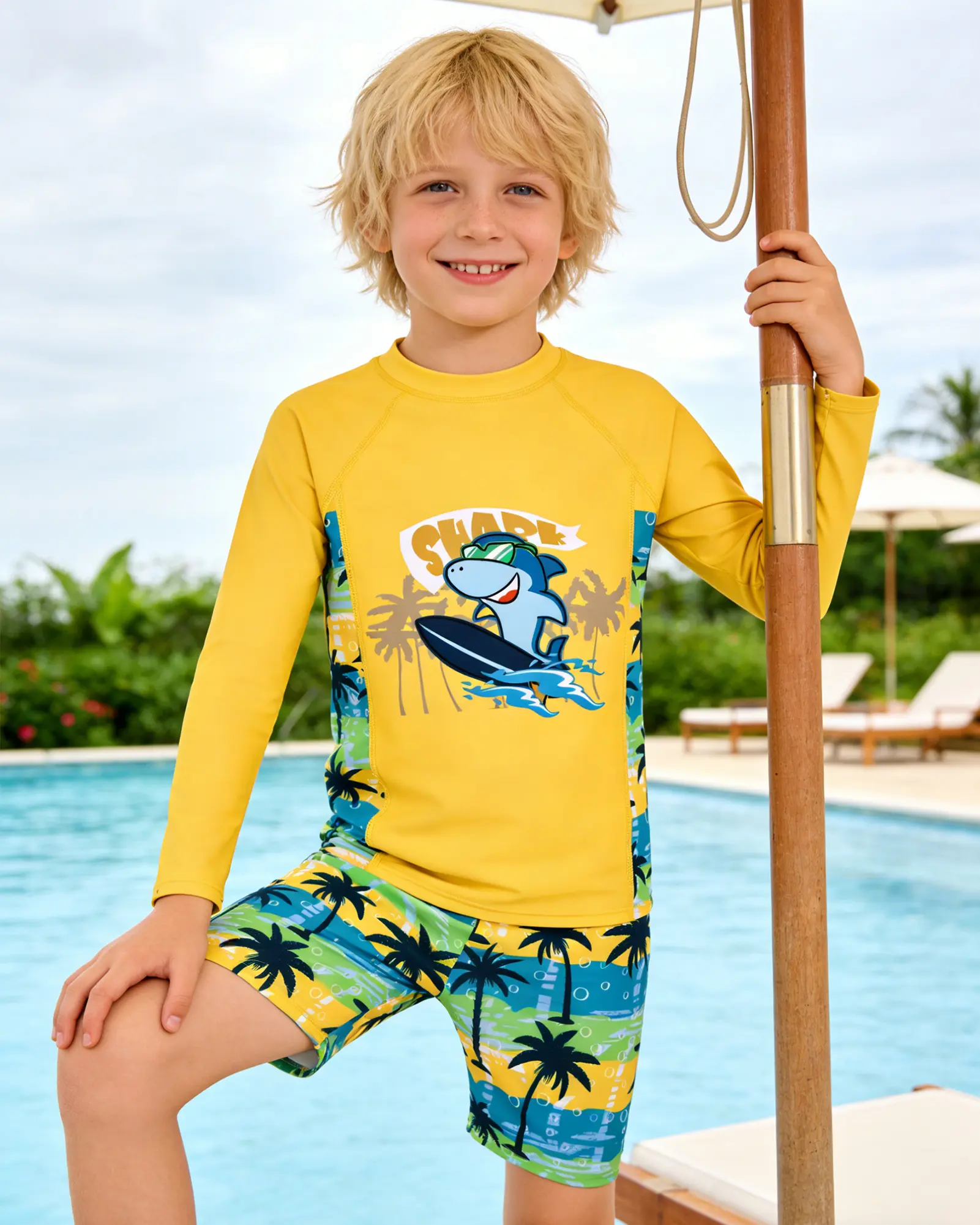 Boys Shark Dinosaur Swimsuit Set Long Sleeved Top and Shorts Bathing Suit Summer Vibes Party Swimwear Beachwear