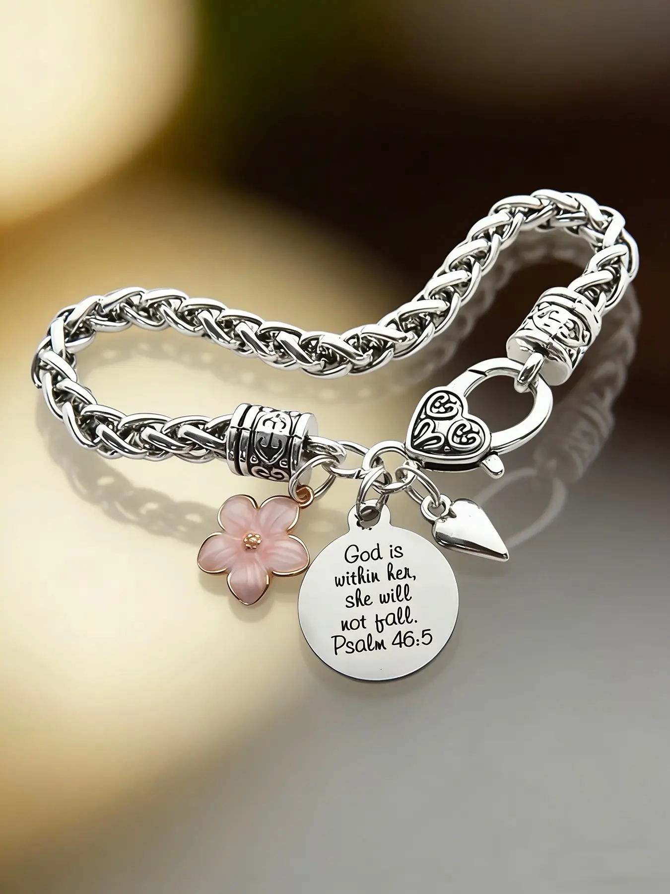 Flower Heart Bible Verse Charm Bracelet Antique Silver Plated Twisted Chain Bracelets Inspirational Christian Jewelry High Quality Bracelet