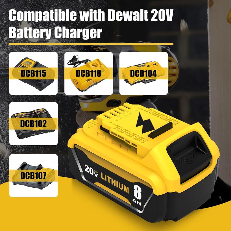 2Pack 8.0Ah Replacement Battery for Dewalt 20V Max Lithium-ion Series Cordless Tools Yellow Safety Tested & Compatible with XR DCB200/DCB201/DCB203/DCB204/DCB205/DCB206/DCB207 & DCD/DCF/DCG