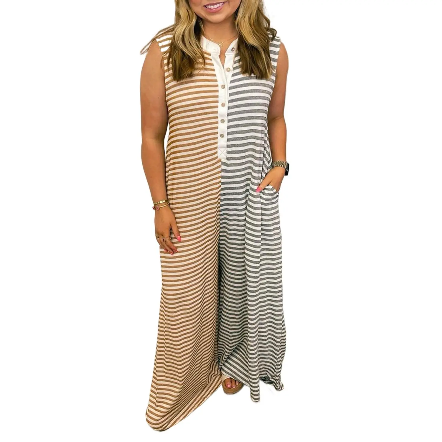 Plus Size Gray Stripe Color Block Buttoned Sleeveless Wide Leg Jumpsuit for Women