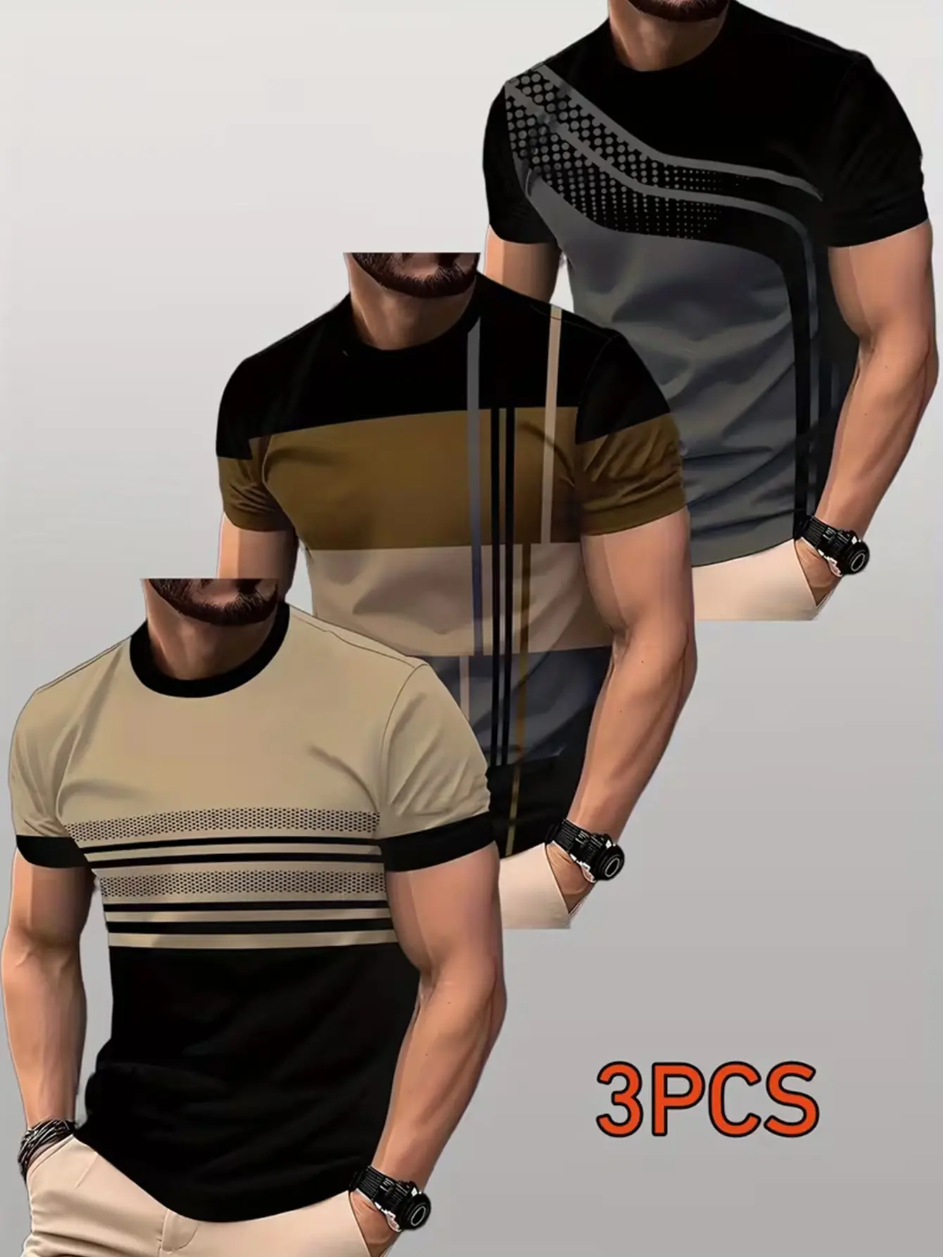 Men's 3-Piece Breathable Short-Sleeve T-Shirts - 3D Digital Graphic Striped, Regular Fit Gentle Stretchy, Fast Drying, Machine Washable, Fitness & Casual Outdoor Wear, Fashionable Tops for Multiple Occasions (Fitness for Everyone), Fast Drying Men's Short
