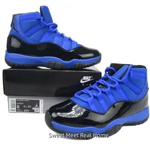 Dual Color Black Royal Blue Gloss Patent Leather High Top Casual Sneakers, Wear Resistant Matching Blue Rubber Sole Lace Up Outdoor Workout Trendy Street Basketball Shoes