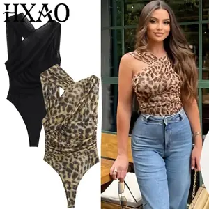 HXAO Woman 2025 Bodysuits Tulle Leopard Bodysuit Women Summer Off Shoulder Sexy Mesh Bodysuit Ruched Backless Print Swimwear