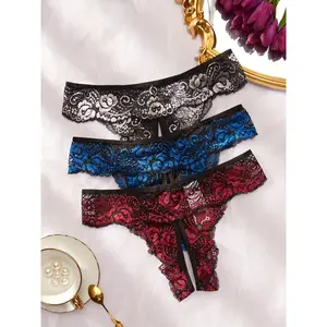 3pcs Lace Colorblock Thongs, Women's Sexy Open Crotch Intimates Panties, Floral Lingerie & Underwear Women Sexy Panties