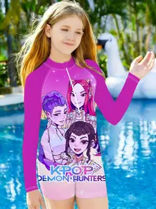 Kpop Demon Hunters Girls Long Sleeve Swimsuit in Shiny Gradient, UV Protection Surf Suit for Beach & Pool, Slim-Fitting Cute Design
