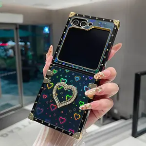 Square Electroplated Heart Phone Case Cover for Galaxy Z Flip 6/5/4/3, Ring Stand Holder, Colorful Design, Protective Fashion Accessory