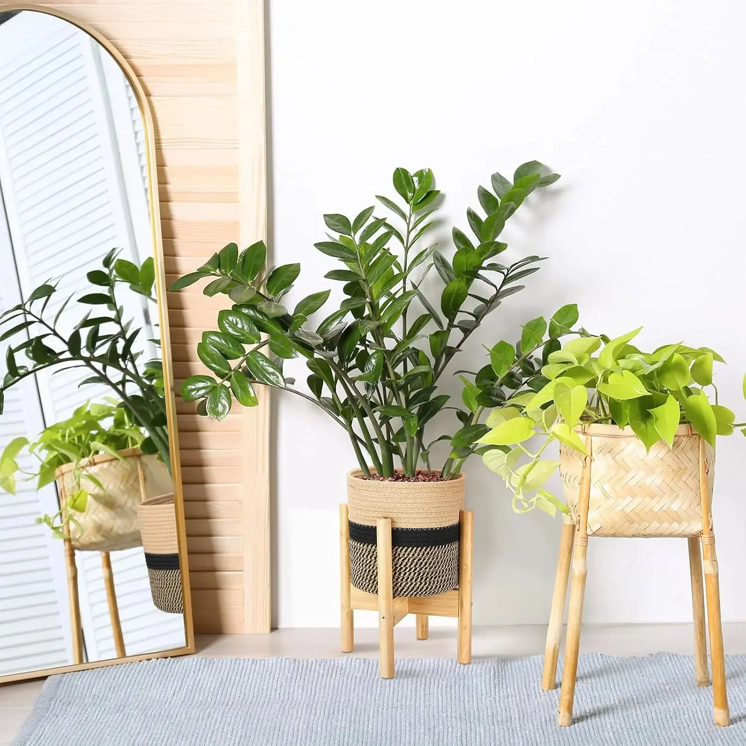 Jute Bamboo Round Shape Plant Basket with Planter Support - Indoor Use Garden Pot for Home Improvement, Garden Supplies