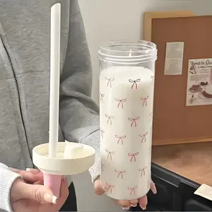 750ML Bow Straw Water Bottle, Extra Long Storage with Lid, Transparent Plastic Cup, Cute Coffee Bubble Tea Cup, Outdoor School Drinkware