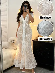 Women's White Lace Maxi Dress, Deep V Neck Short Sleeve Floral Lace Mermaid Dress with 3D Rose Tassel, Bodycon Sheer Formal Evening Gown Elegance for Wedding Guest Cocktail Party, Womenswear