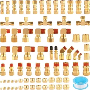 74Pcs Air Brake Line Fittings Brass Compression Air Nylon Tubing Fittings Assortment Kits 1/4" 1/8" 3/8" 1/2" 5/8" for Industrial Use or Trucks Trailers
