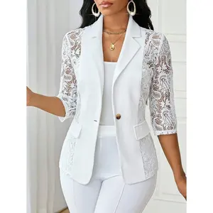 Lady Four Season White Suit Women Blazers Women Coat Lace Splicing Elegant Suit Fabric Fit Double Breasted Lapel Neck Blazer flowy    set Sleeve Womenswear Button Polyester Sheer Basic Spring Chic Minimalist