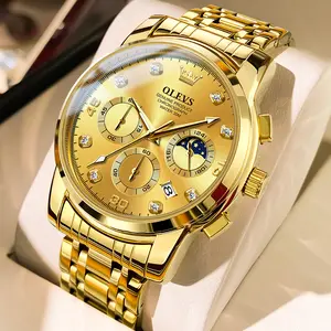 OLEVS Men's Gold Watches For Men 42mm Dial Silver Case 30m Waterproof Calendar Moonphase Chronograph Date Analog Quartz Men's Gift