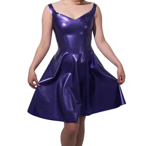 Metallic Purple Latex Dress - V-Neck, Sleeveless, Plain Design, Summer Wear, Party Style
