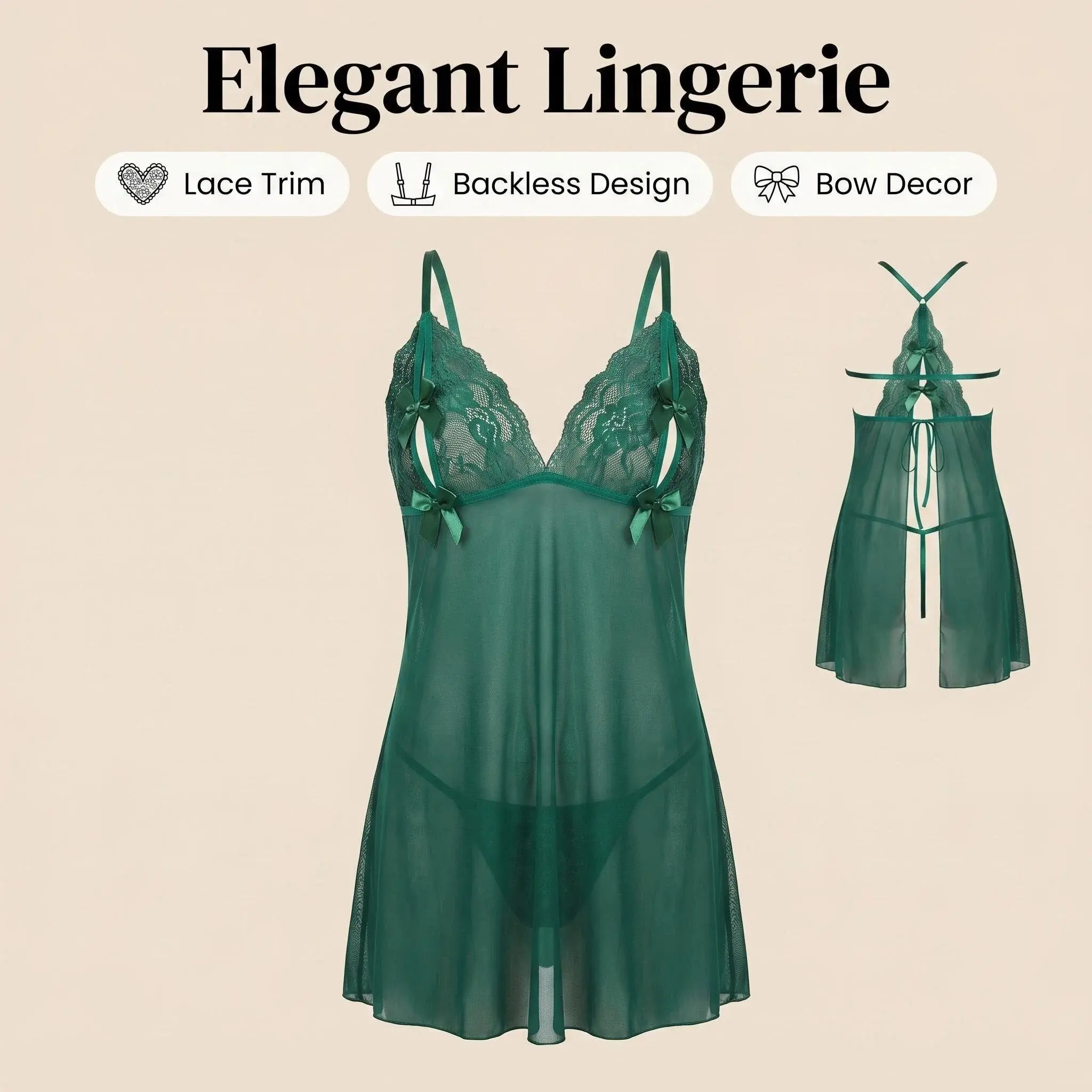 Emerald Green Lace Trim Babydoll Lingerie Set Sheer Mesh Backless Nightgown with Bow Accents Sexy Romantic Intimate Wear for Cozy Occasions - TikTok Shop Emerald Green Lace Trim Babydoll Lingerie Set Sheer Mesh Backless Nightgown with Bow Accents Sexy Romantic Intimate Wear for Cozy Occasions - TikTok Shop