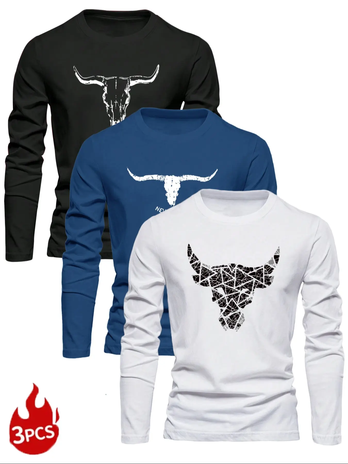Men's Classic 3-Piece Set, Cow Head Graphic Print Bull Long Sleeve Knit Fabric Soft T-Shirts, Casual Fitted Bottoms, Spring & Fall Fashion, Comfortable Fit Clothes, Knit Clothing Sets